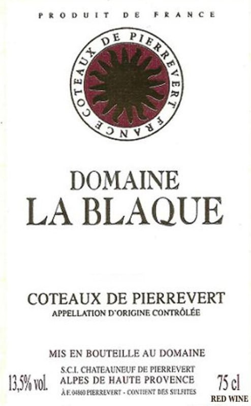 Domaine la Blaque Coteaux de Pierrevert Rouge 2013 Front Label