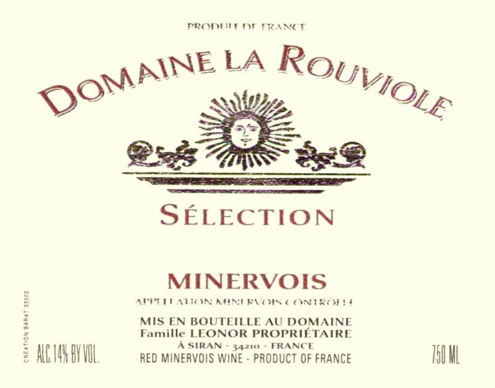 Domaine La Rouviole Minervois Selection 2013 Front Label