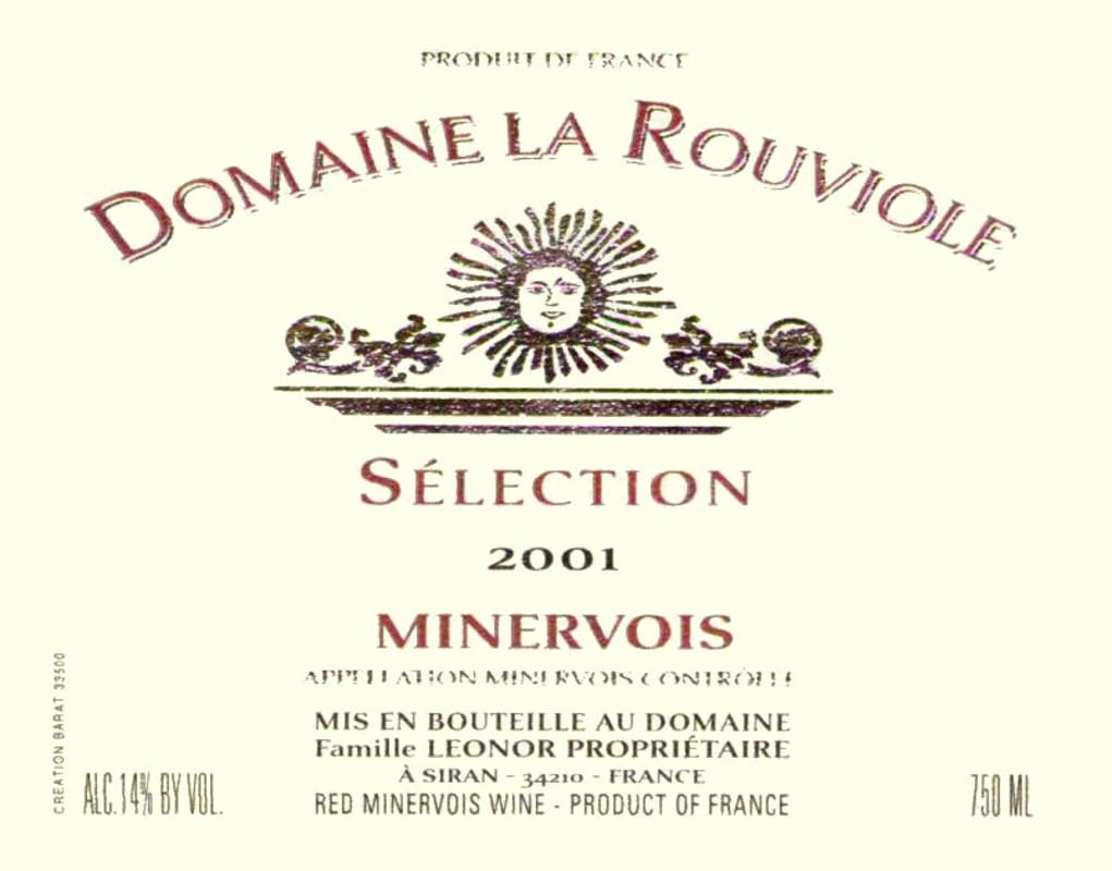 Domaine La Rouviole Minervois Selection 2001 Front Label