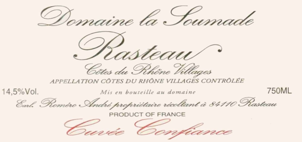 Domaine la Soumade Rasteau Cuvee Confiance 2004 Front Label
