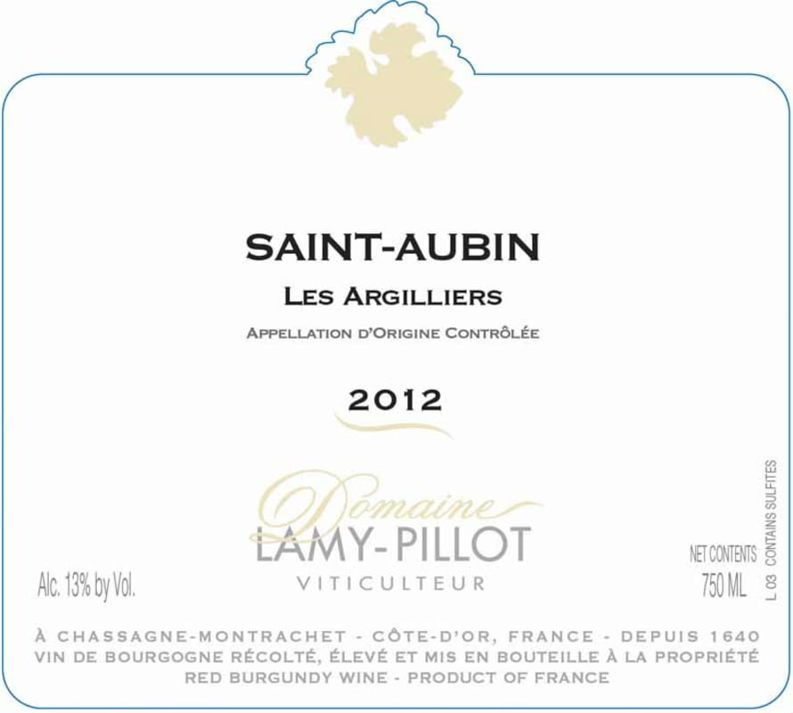 Domaine Lamy Pillot Saint-Aubin Les Argilliers 2012 Front Label