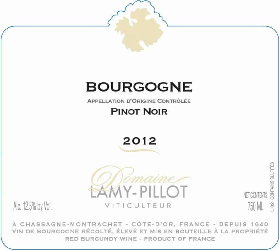 Domaine Lamy Pillot Bourgogne Pinot Noir 2012 Front Label
