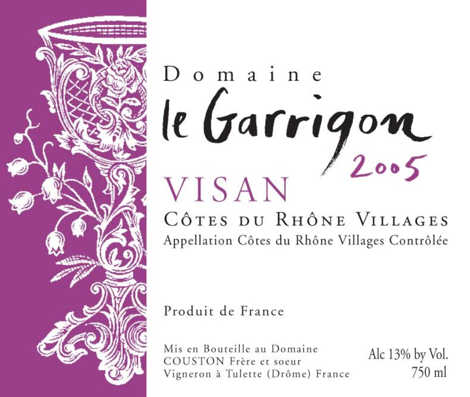 Domaine le Garrigon Cotes du Rhone Villages Visan 2005 Front Label