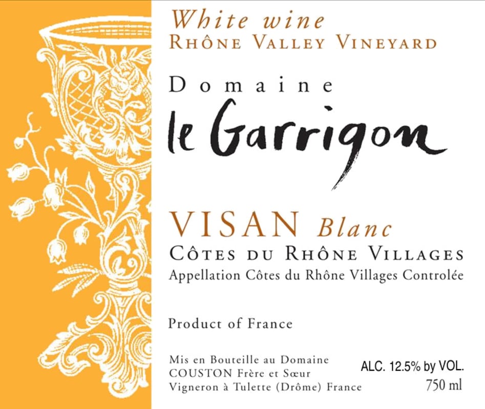 Domaine le Garrigon Cotes du Rhone Villages Visan Blanc 2014 Front Label