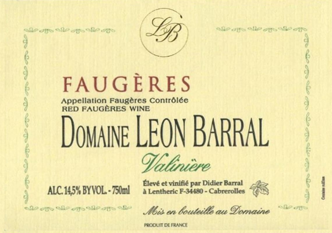 Domaine Leon Barral Faugeres Valiniere 2012 Front Label