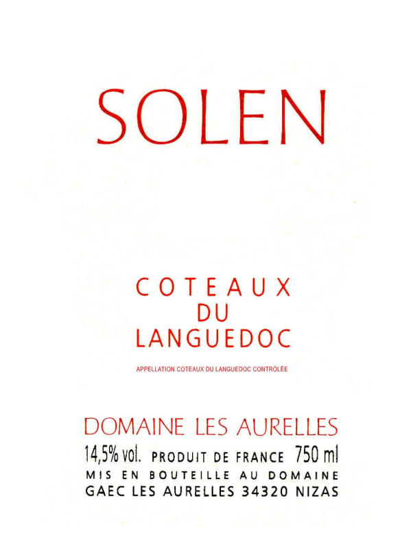 Domaine Les Aurelles Coteaux du Languedoc Solen 2011 Front Label