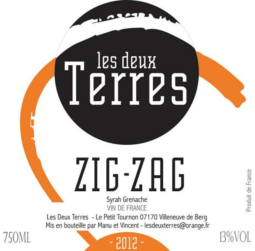 Domaine Les Deux Terres Zig-Zag Syrah Grenache 2012 Front Label