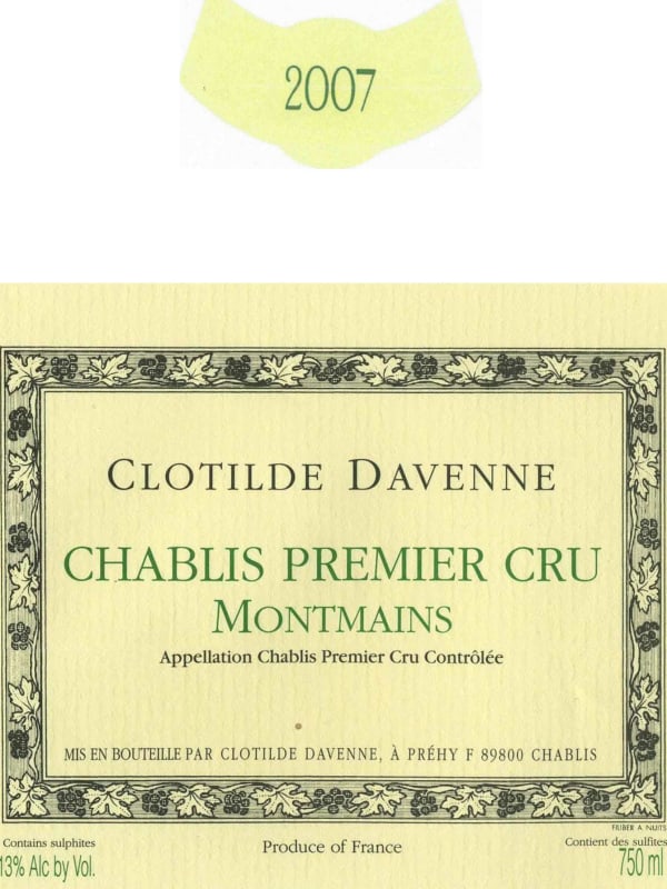 Domaine les Temps Perdus Chablis Montmains Premier Cru 2007 Front Label