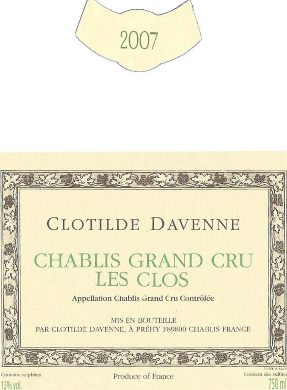 Domaine les Temps Perdus Chablis Les Clos Grand Cru 2007 Front Label