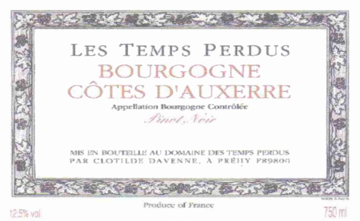 Domaine les Temps Perdus Bourgogne Cotes d'Auxerre Les Temps Perdus Pinot Noir 2009 Front Label