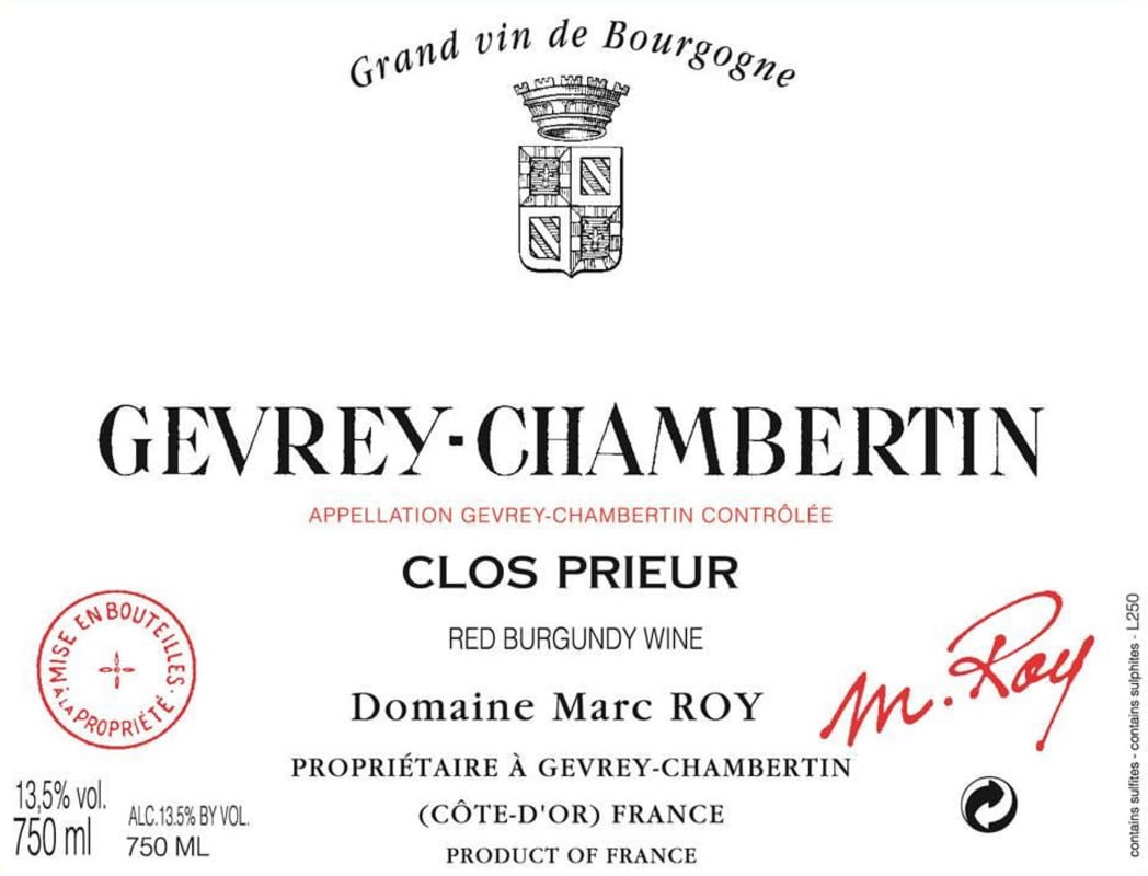 Domaine Marc Roy Gevrey-Chambertin Clos Prieur 2016 Front Label