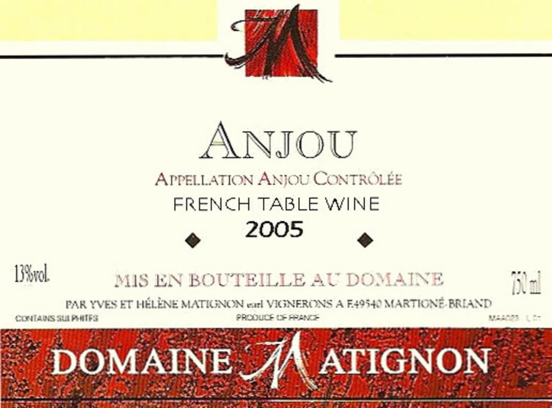 Domaine Matignon Anjou Rouge 2005 Front Label