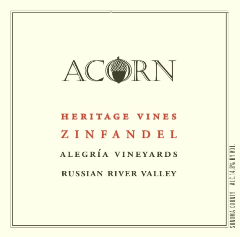 ACORN Winery Alegria Vineyards Heritage Zinfandel 2012 Front Label