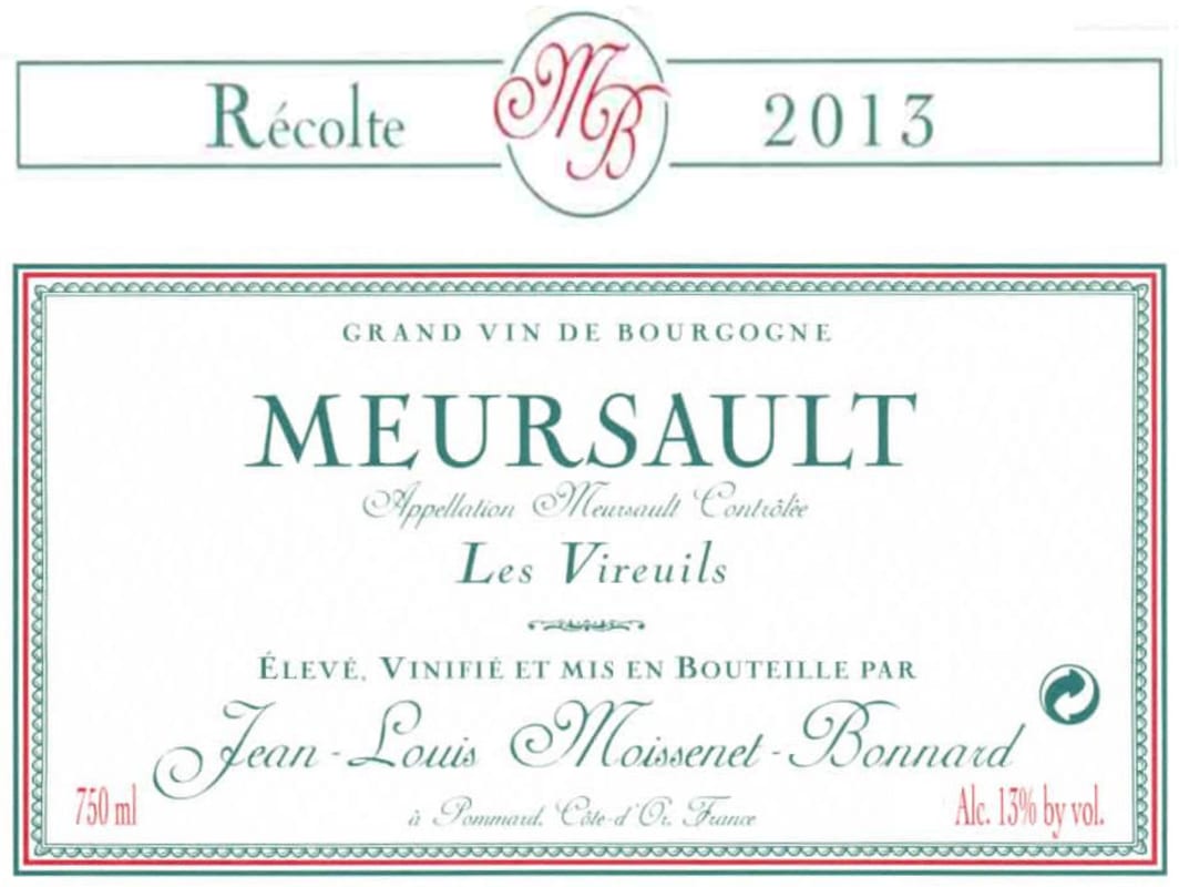 Domaine Moissenet Bonnard Meursault Les Vireuils 2013 Front Label