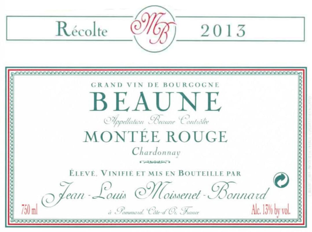 Domaine Moissenet Bonnard Beaune Montee Rouge Chardonnay 2013 Front Label