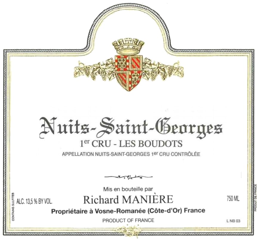 Domaine Richard Maniere Nuits-Saint-Georges Les Boudots Premier Cru 2012 Front Label