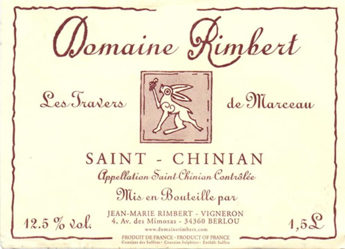 Domaine Rimbert Saint-Chinian Les Travers de Marceau 2012 Front Label