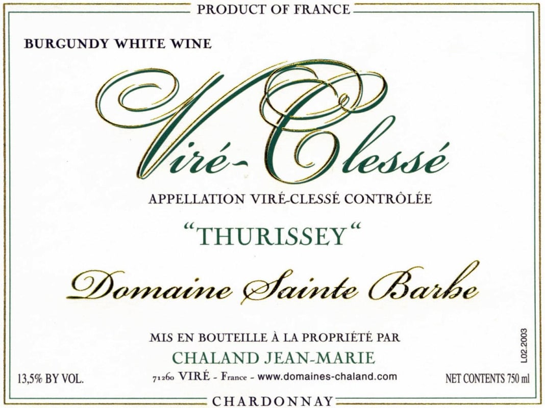 Domaine Sainte Barbe Vire-Clesse Thurissey 2003 Front Label