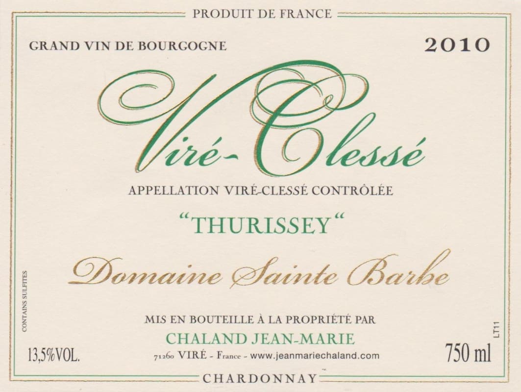 Domaine Sainte Barbe Vire-Clesse Thurissey 2010 Front Label