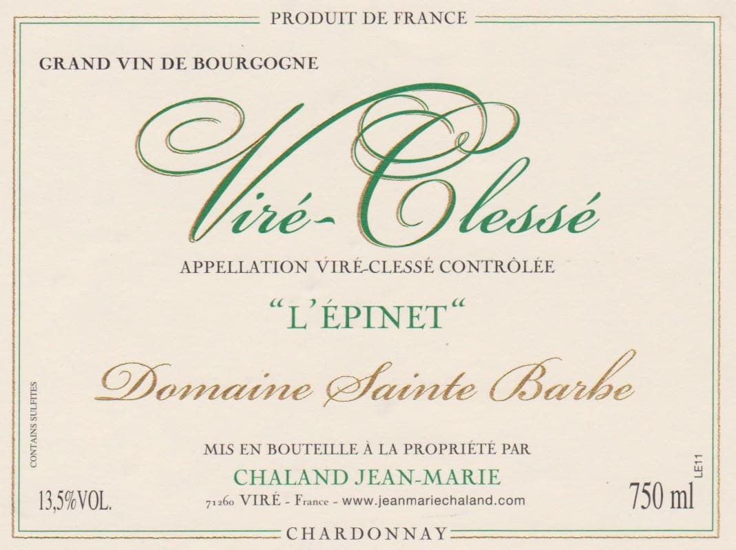Domaine Sainte Barbe Vire-Clesse L'Epinet 2012 Front Label