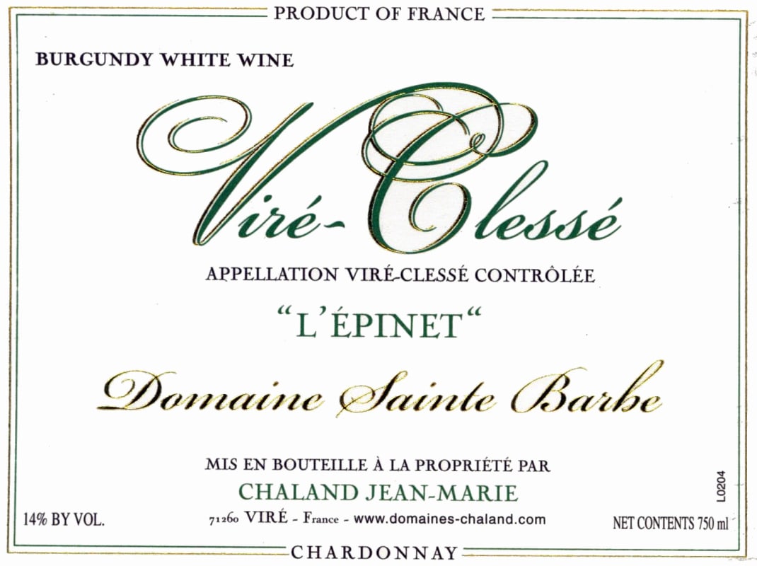 Domaine Sainte Barbe Vire-Clesse L'Epinet 2014 Front Label
