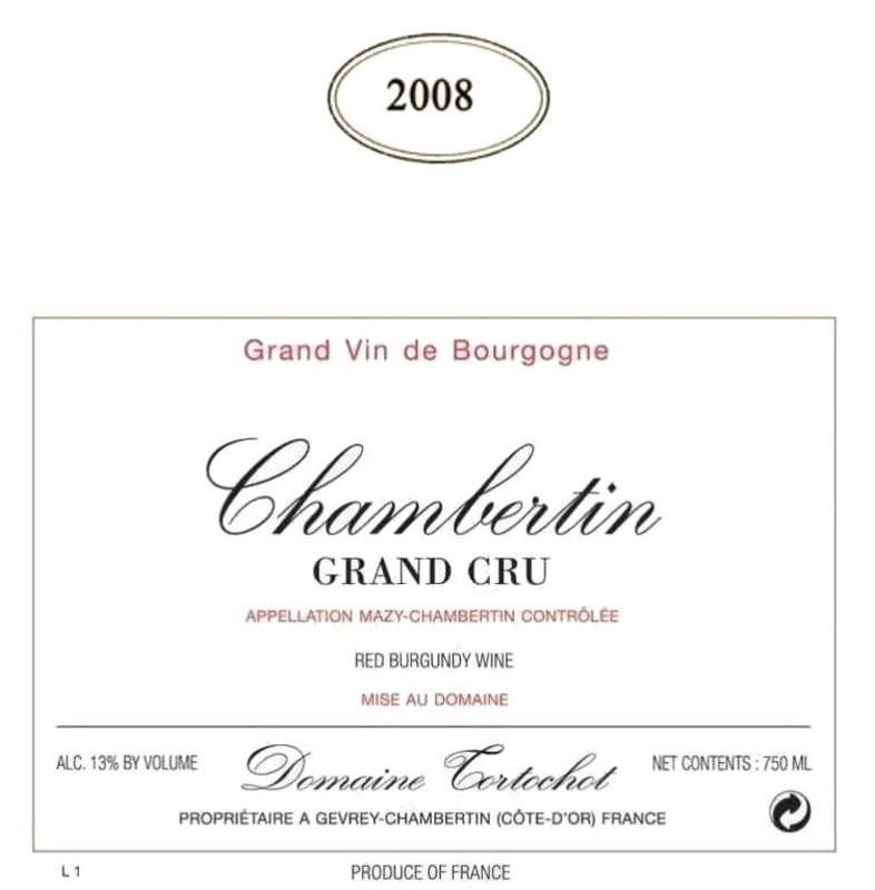 Domaine Tortochot Chambertin Grand Cru 2008 Front Label