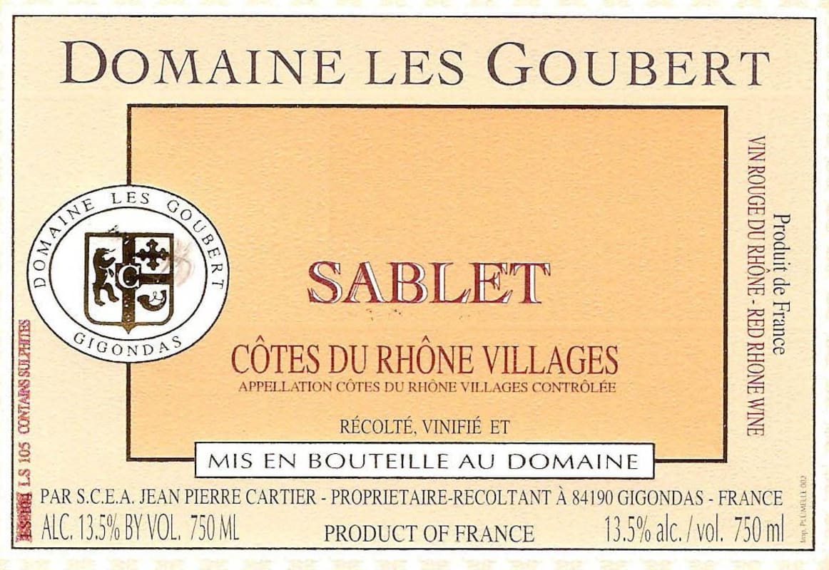 Domaine Les Goubert Cotes du Rhone Villages Sablet 2015 Front Label
