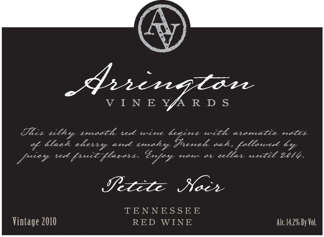 Arrington Vineyards Petite Noir 2010 Front Label