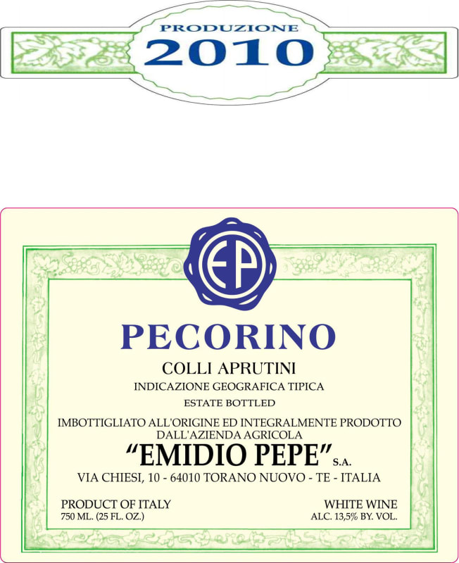 Emidio Pepe Colli Aprutini Pecorino 2010 Front Label