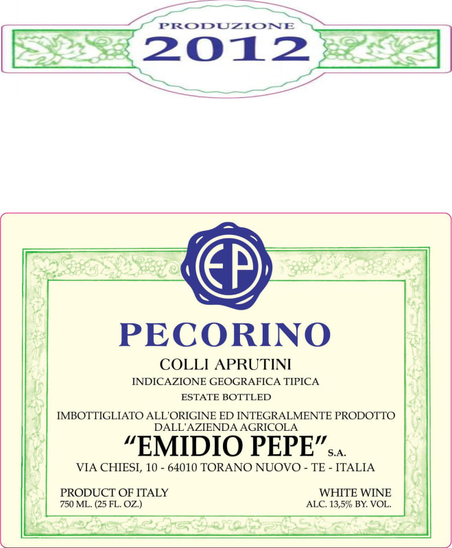 Emidio Pepe Colli Aprutini Pecorino 2012 Front Label