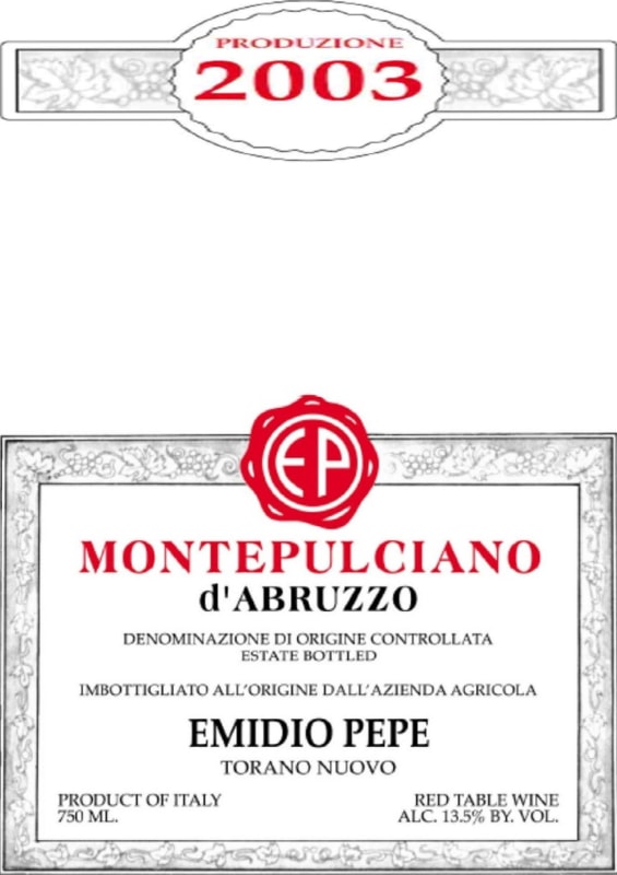 Emidio Pepe Montepulciano d'Abruzzo 2003 Front Label