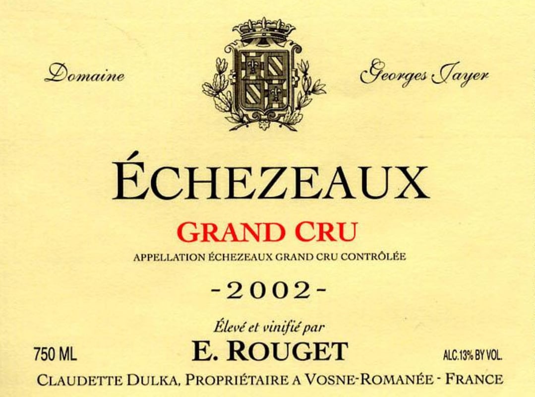 Emmanuel Rouget Domaine Georges Jayer Echezeaux Grand Cru 2002 Front Label