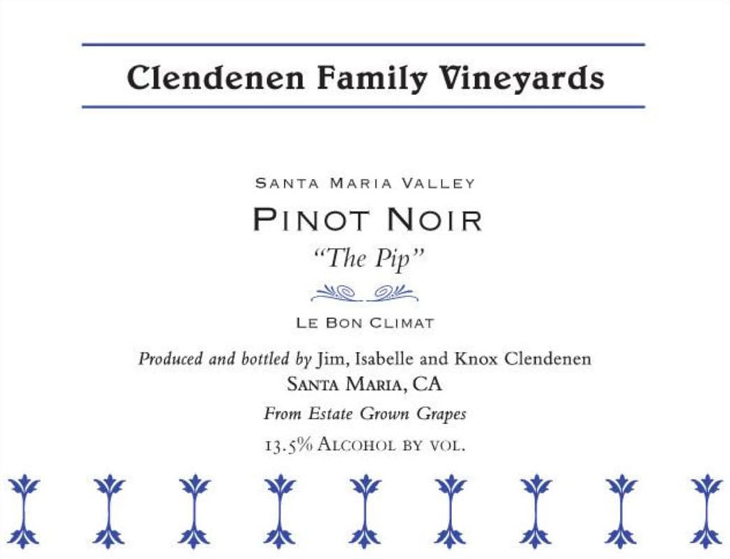 Au Bon Climat Clendenen Family Vineyards The Pip Pinot Noir 2015 Front Label