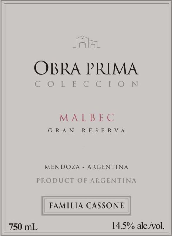Familia Cassone Obra Prima Coleccion Gran Reserva Malbec 2008 Front Label