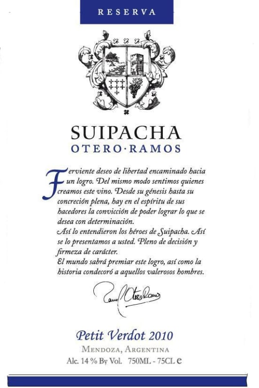 Familia Otero Ramos Suipacha Reserva Petit Verdot 2010 Front Label