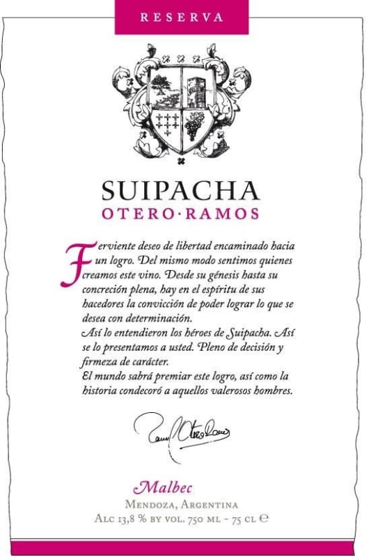 Familia Otero Ramos Suipacha Reserva Malbec 2009 Front Label