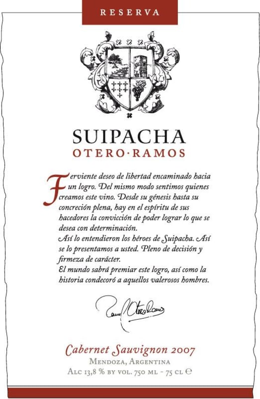 Familia Otero Ramos Suipacha Reserva Cabernet Sauvignon 2007 Front Label
