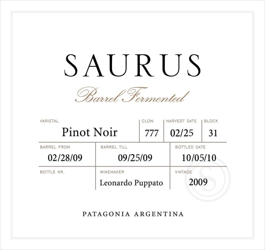 Familia Schroeder Saurus Barrel Fermented Pinot Noir 2009 Front Label