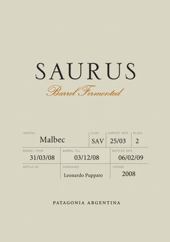 Familia Schroeder Saurus Barrel Fermented Malbec 2008 Front Label
