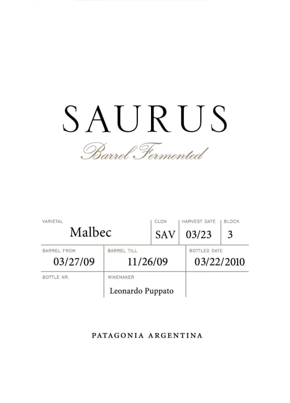 Familia Schroeder Saurus Barrel Fermented Malbec 2010 Front Label