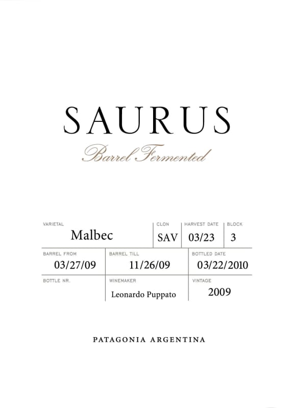 Familia Schroeder Saurus Barrel Fermented Malbec 2009 Front Label