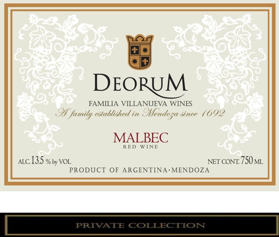 Familia Villanueva Deorum Private Collection Malbec 2015 Front Label