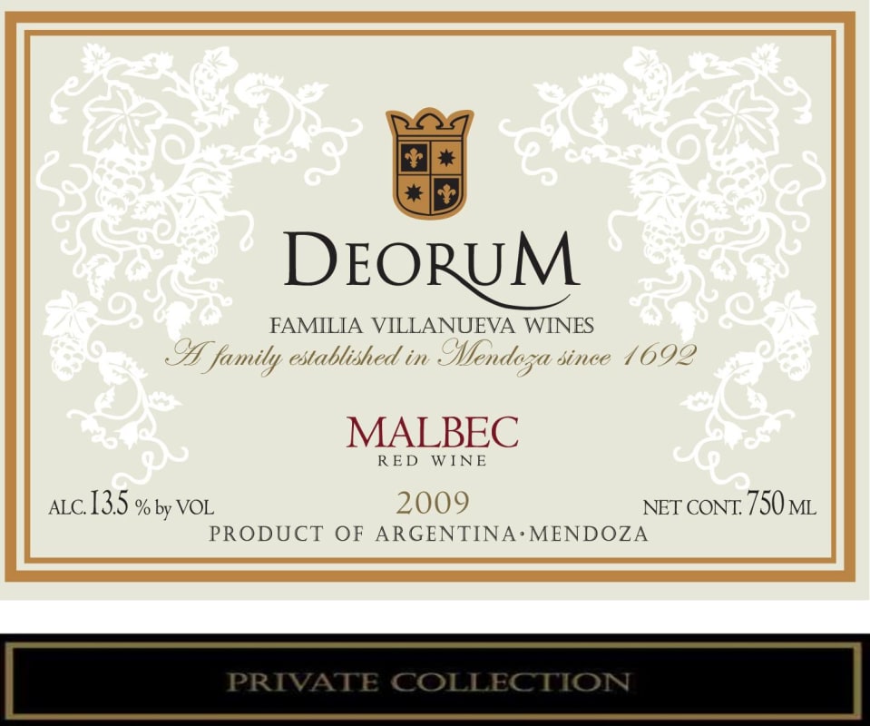 Familia Villanueva Deorum Private Collection Malbec 2009 Front Label