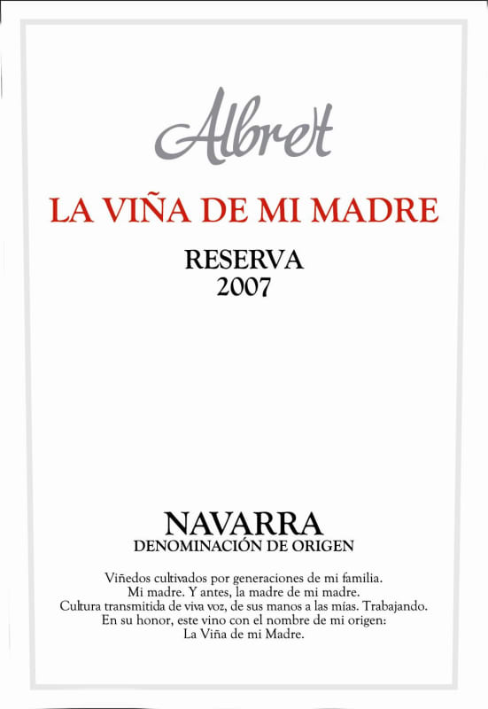 Finca Albret La Vina de Mi Madre Reserva 2007 Front Label