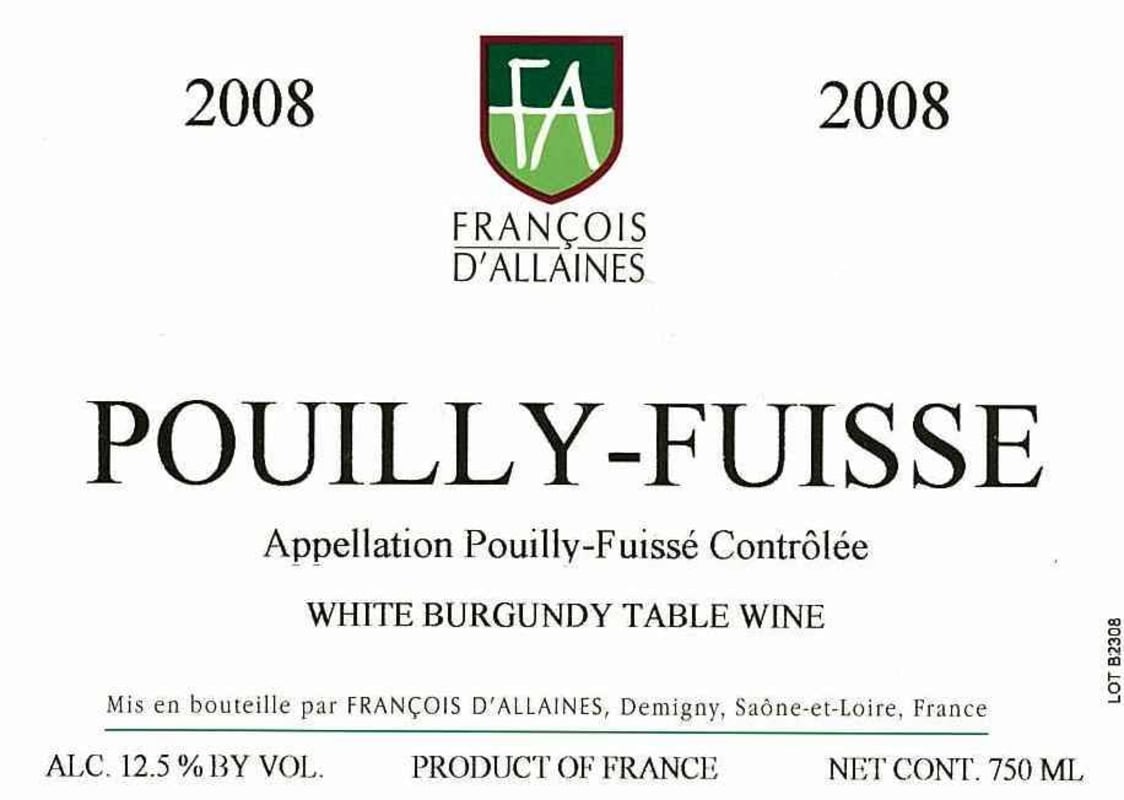 Francois D'Allaines Pouilly-Fuisse 2008 Front Label