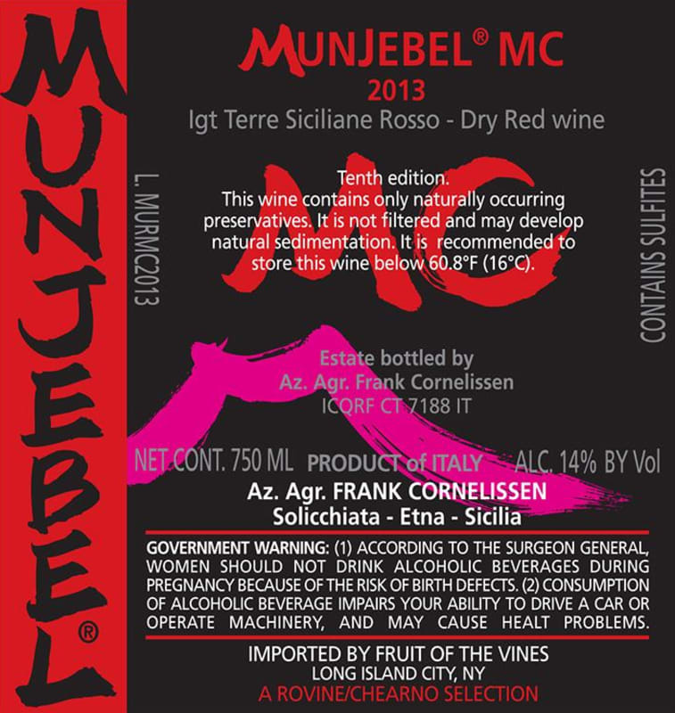 Frank Cornelissen MunJebel MC Rosso 2013 Front Label