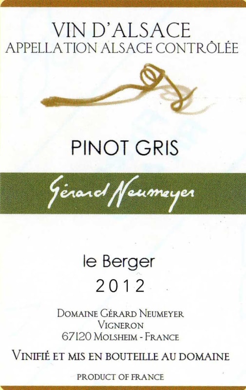 Gerard Neumeyer Le Berger Pinot Gris 2012 Front Label