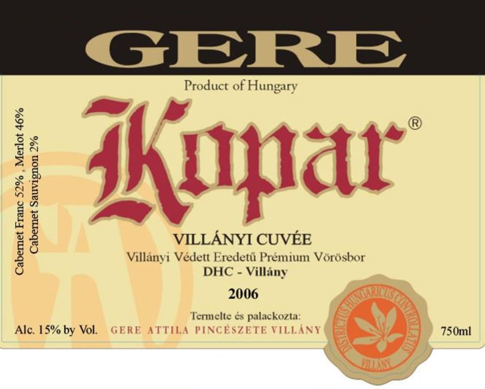 Gere Pinceszet Kopar Cuvee 2006 Front Label
