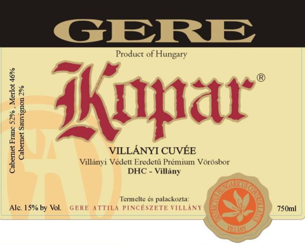 Gere Pinceszet Kopar Cuvee 2012 Front Label
