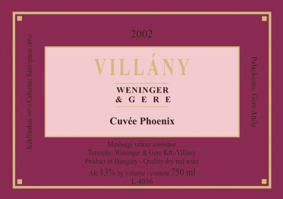 Gere Pinceszet Villany Weninger Cuvee Phoenix 2002 Front Label
